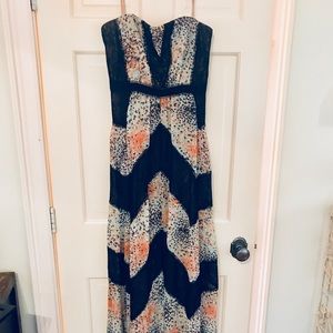 BCBG print & lace blocked strapless dress